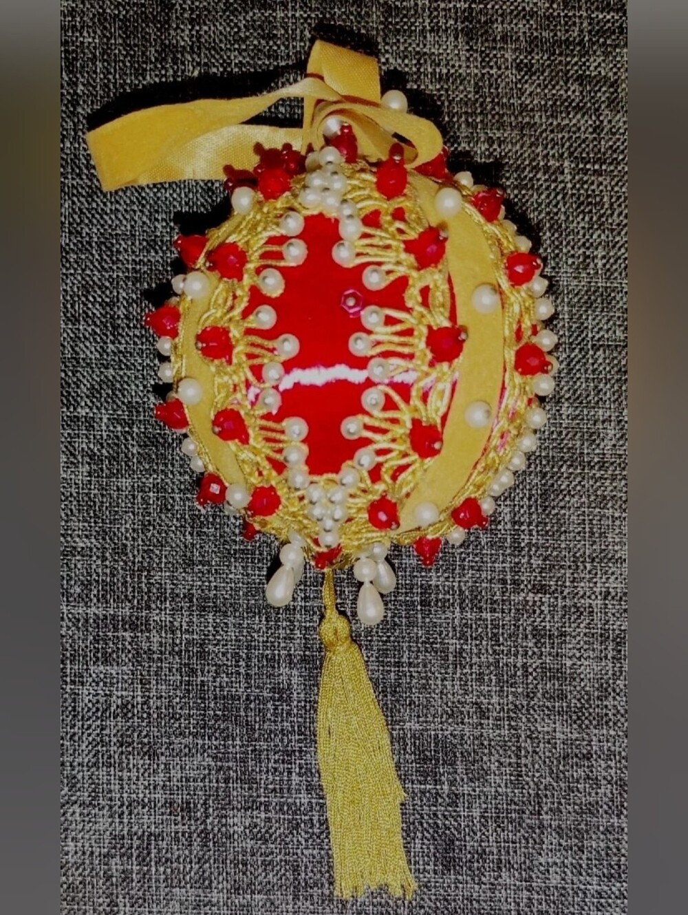 Vintage Sequin Beaded Push Pin Hand Made Homemade Christmas Ornament Red Gold